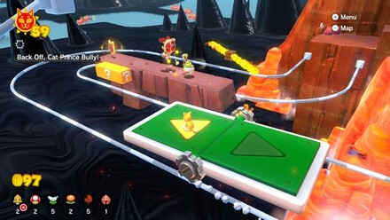 (Clockwise from top left) Ride the moving platforms up Mount Magmeow, taking care to avoid the spinning flames. When you reach the arena at the end, you'll trigger a boss fight – simply force your enemy close to one of the pipes and they'll get sucked in, popping out of another pipe in a vulnerable state