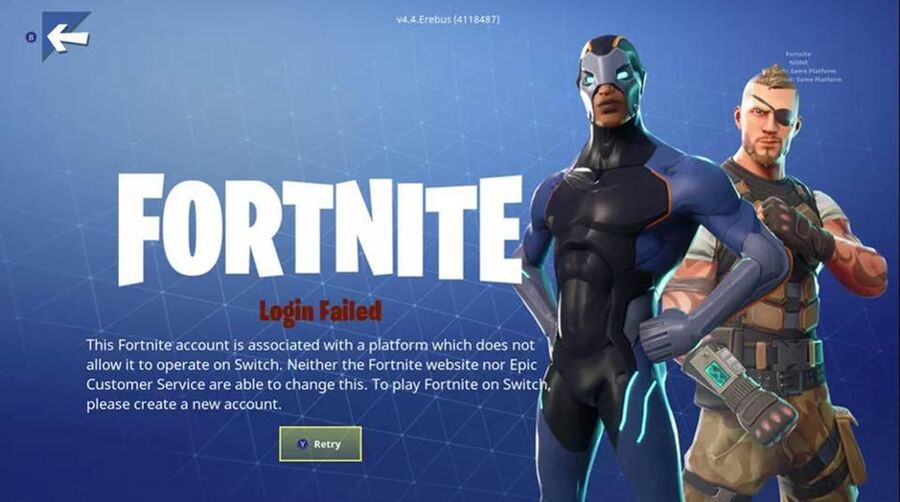 The screen that is displayed for Fortnite players who have previously used their account on PS4