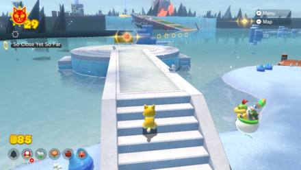 (Clockwise from top left) The Cat Shine looks easy to get, but an invisible wall blocks your path. Go behind the Shine and you'll discover an equally invisible pathway that leads all the way up to the top, where you can drop down and grab the Shine. You can use your fireballs to show where the pathway is