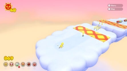 (From left to right) ...use the jump pad to reach the cloud, complete the course and claim your Cat Shine. Then jump into the rings to head back down to earth