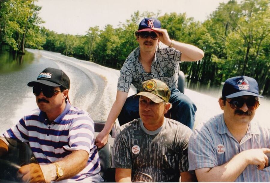 The dev team scouting for footage: Boat Driver, Location Scout, Main Artist (back row), Howard Greenspan