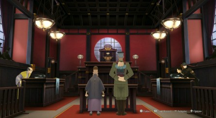 Japanese courtroom and courtroom on the left;  English equivalent on the right