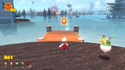 (Clockwise from top left) Grab the first medal and ride Plessie all the way to the Wasteland Giga Bell. Grab the medals on-foot and then leap into the sea for the final stretch