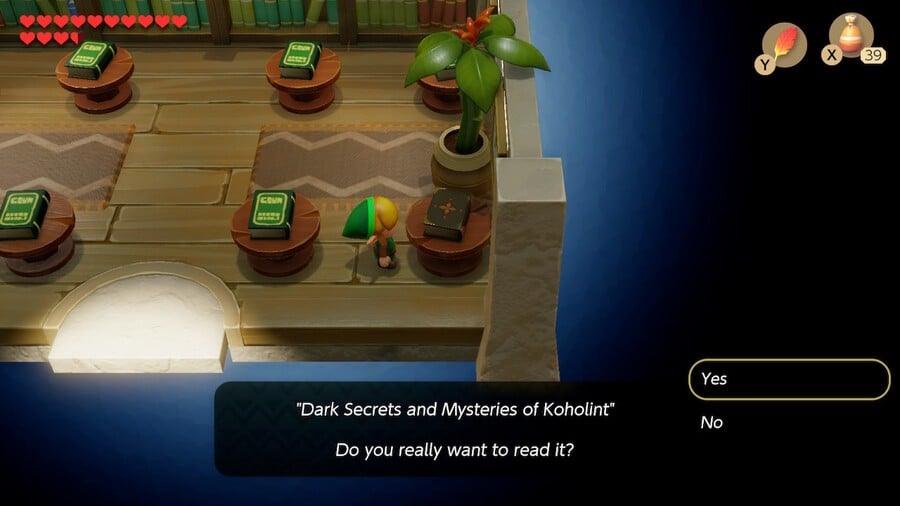 Link reads 'The Dark Secrets and Mysteries of Koholint'