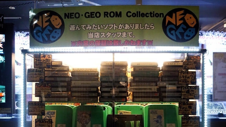 Interchangeable rom cartridges that plug into a Neo Geo motherboard inside a candy cabinet are available to play at Club Sega in Nishishinjuku, Tokyo