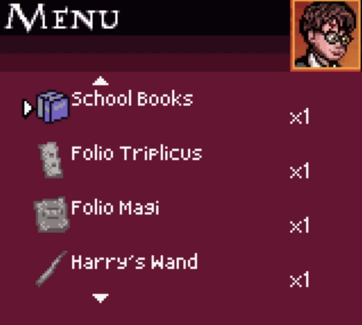 Harry Potter and the Philosopher's Stone: Harry's school supplies (books, and a wand) in his inventory