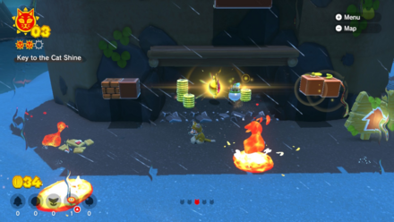 (Clockwise from left) The row of blocks cannot be removed until Bowser wakes from his slumber and uses his fire breath. Once they've gone, nab the Shine to illuminate the lighthouse