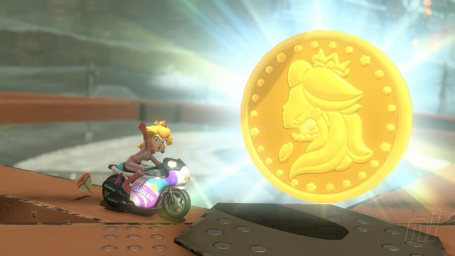Peach on the Mach Rider next to a Peach Medallion in Mario Kart World