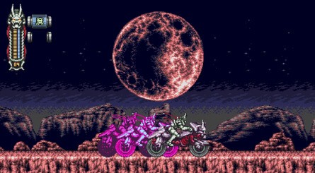 Vengeful Guardian: Moonrider Screenshot Riding Motorbike With Red Moon In Background