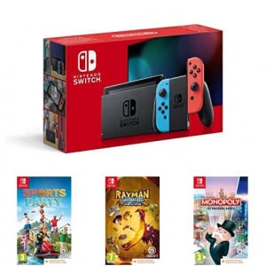Nintendo Switch Neon (Red/Blue) + Sports Party (Code in Box) + Rayman Legends (Code in Box) + Monopoly (Code In Box)