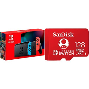 Nintendo Switch with Neon Blue and Neon Red Joy‑Con + SanDisk 128GB MicroSDXC UHS-I Card