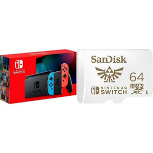 Nintendo Switch with Neon Blue and Neon Red Joy‑Con + SanDisk 64GB MicroSDXC UHS-I Card