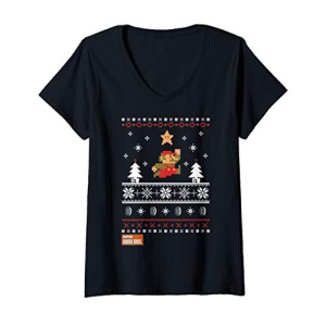Womens Nintendo Super Mario Christmas Star Pixels V-Neck T-Shirt