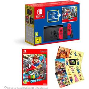 Nintendo Switch (Red) + Super Mario Odyssey Download Code + The Super Mario Bros. Movie Stickers