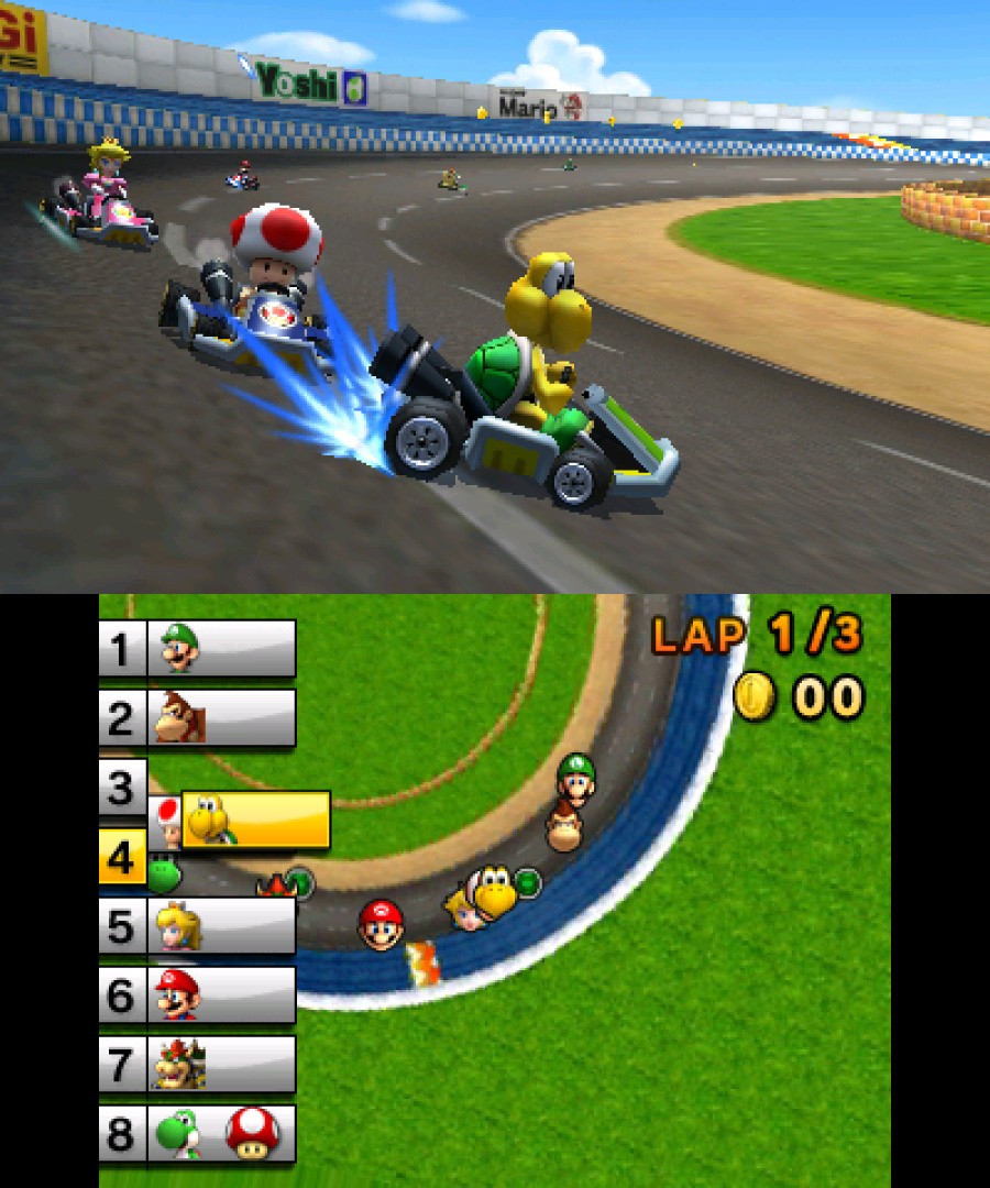 Mario Kart 7 race screenshot with Toad and Koopa Troopa