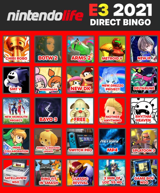 We have our own Nintendo E3 Direct bingo card for you to follow along with as well, courtesy of Mr Zion!